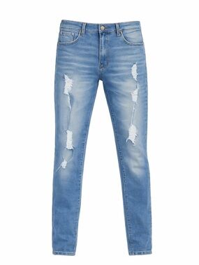HUNGSON Men's Blue Slim Fit Jeans Stretch Destroyed Ripped Skinny Jeans Size L